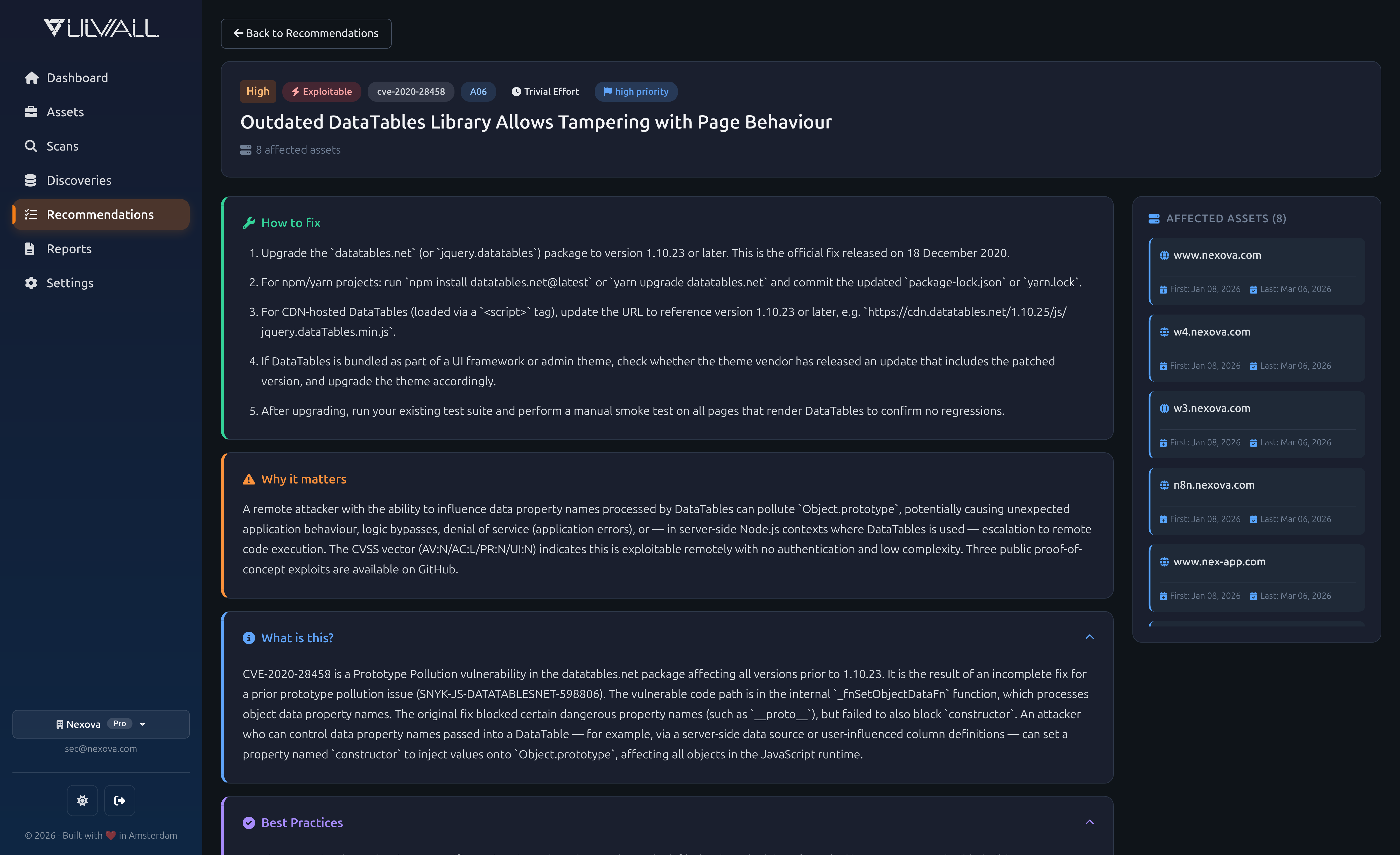 VulWall security recommendations dashboard